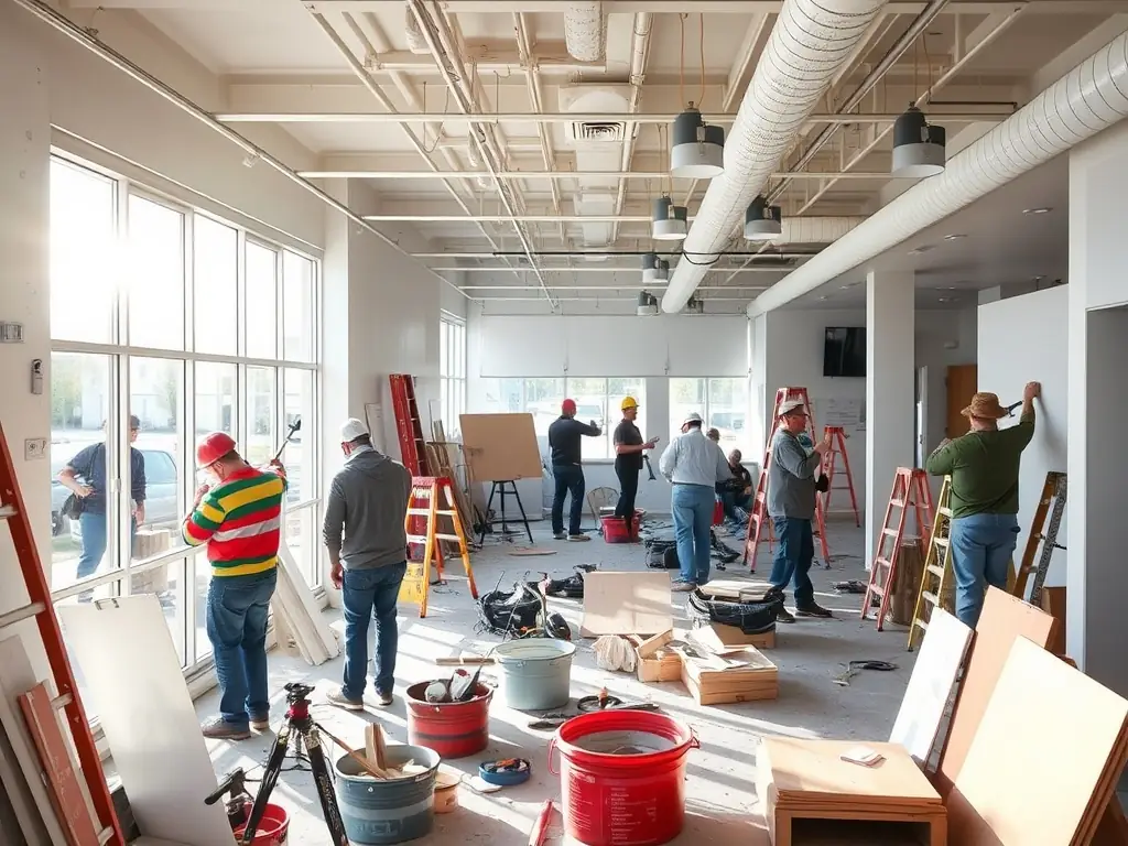 An interior of a commercial space undergoing a fit-out, with workers installing fixtures and finishes, illustrating R&R Construction's commercial fit-out services.