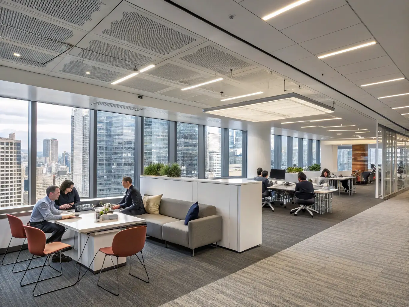 A modern office space featuring open work areas, collaborative spaces, and sleek design elements, representing an office renovation project by R&R Construction.
