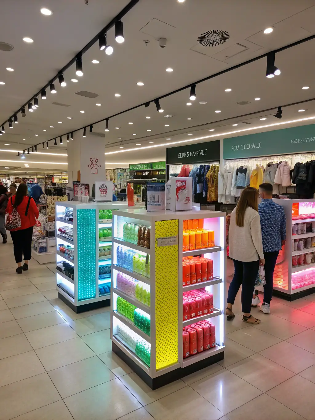 A brightly lit, modern retail store interior with neatly arranged displays and customers browsing, showcasing R&R Construction's expertise in retail store build-outs.