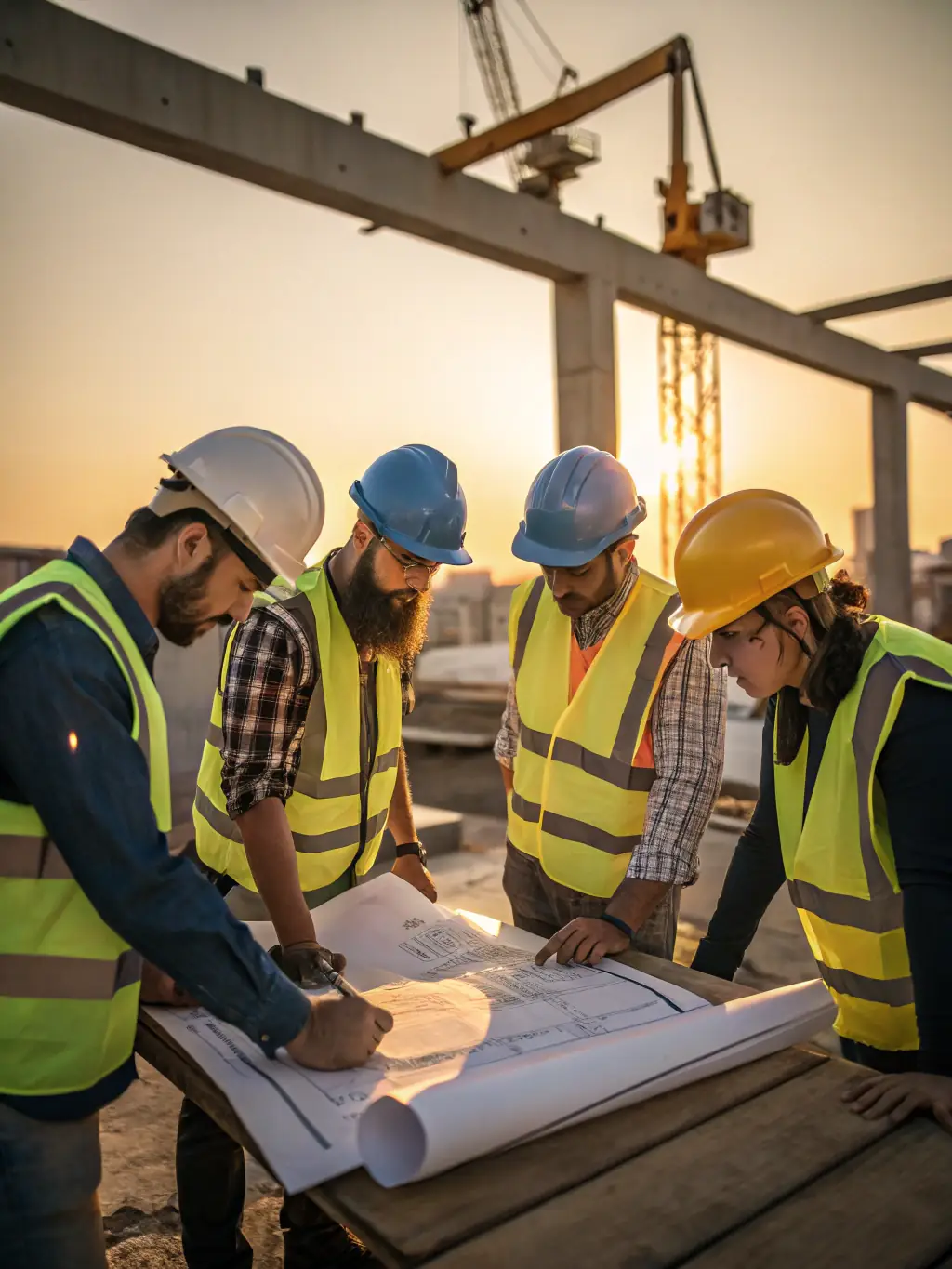 A professional team of construction workers reviewing blueprints on a construction site, showcasing R&R Construction's expertise and collaborative approach.