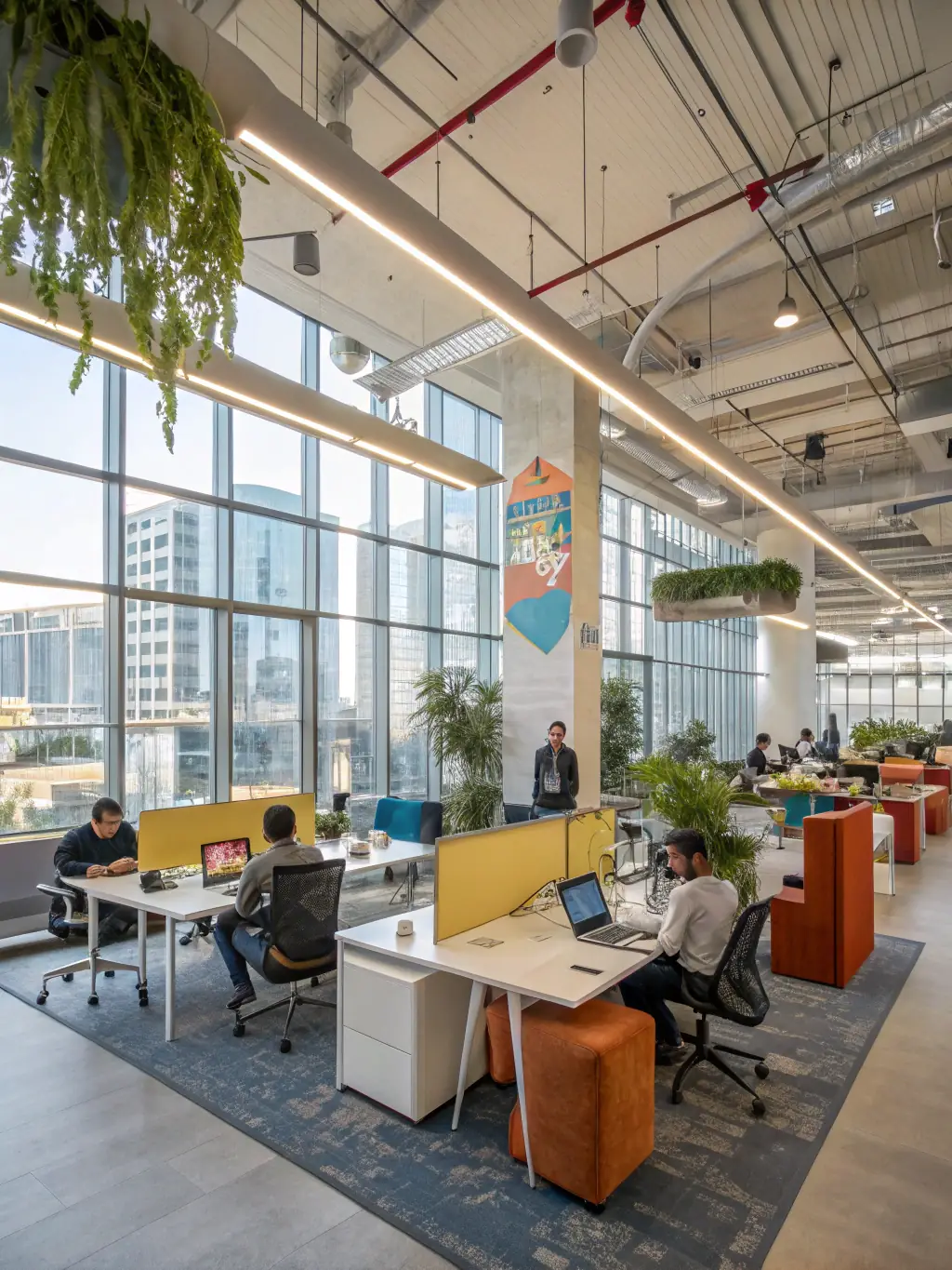 A contemporary office space featuring an open layout, collaborative work areas, and modern furniture, reflecting R&R Construction's capabilities in office renovations.