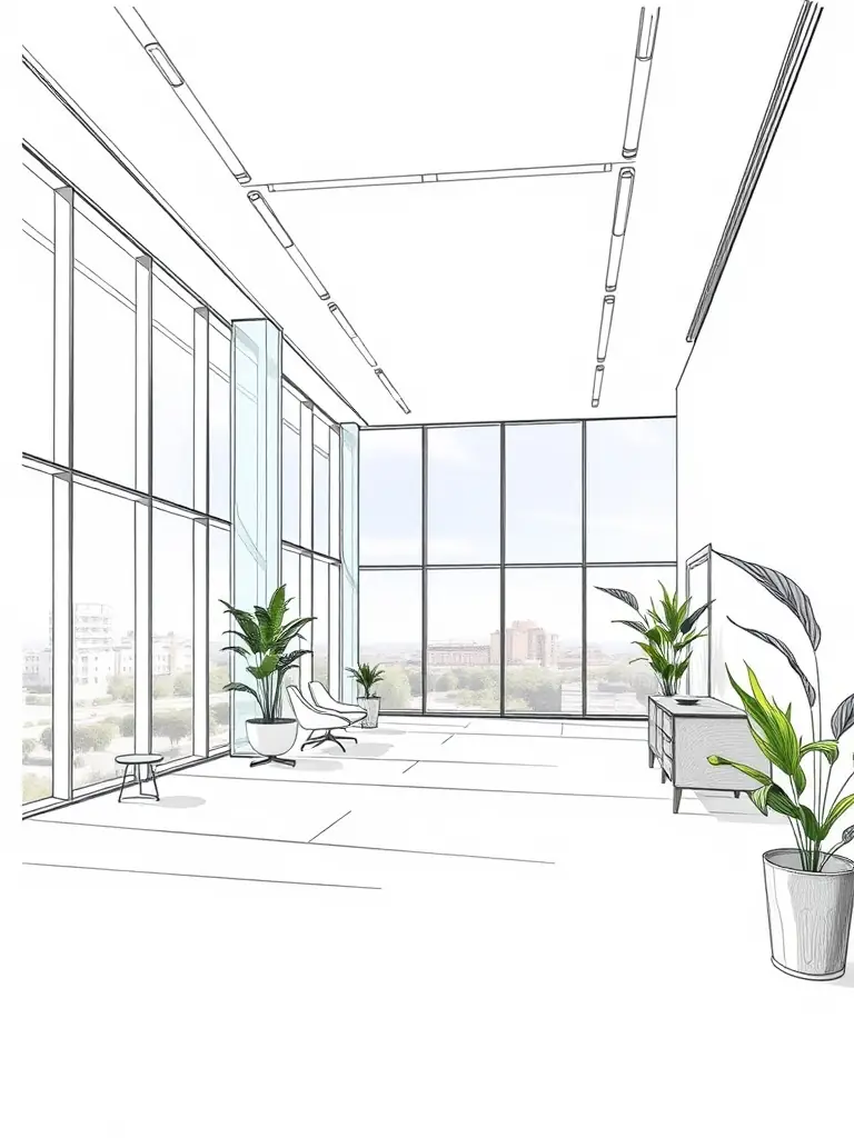 A modern office space with an open-plan layout, collaborative work areas, and sleek finishes, reflecting R&R Construction's office renovation capabilities.