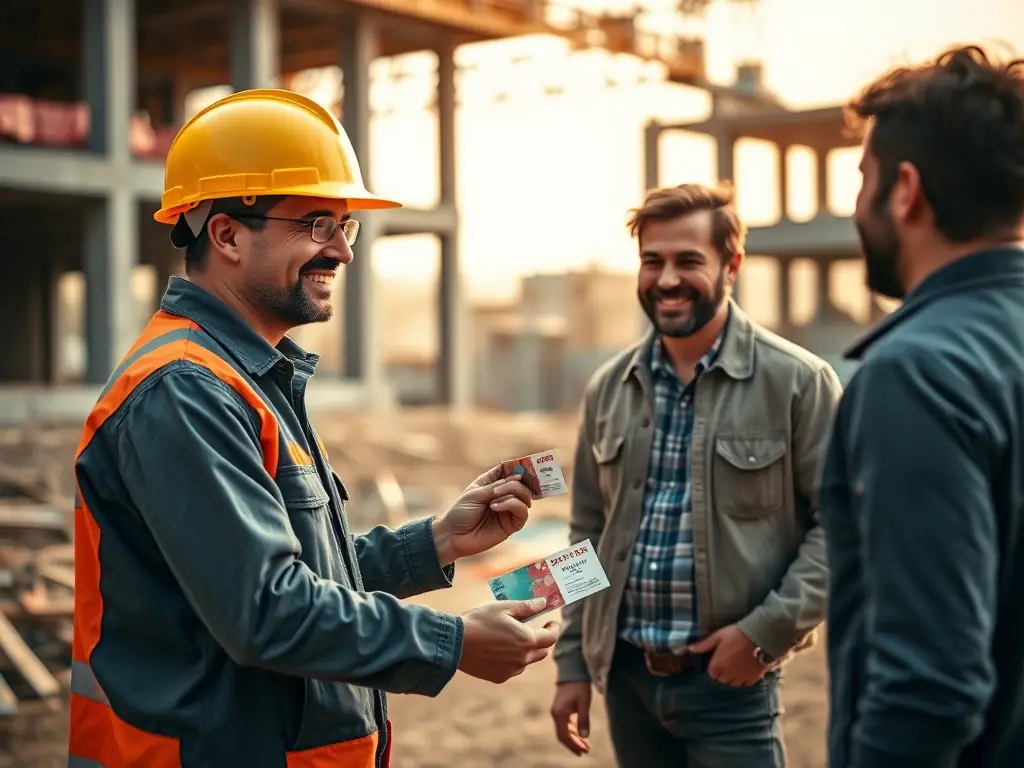 A celebratory image of a construction worker handing over a reward (e.g., a gift card or discount voucher) to a happy client who made a successful referral to R&R Construction.