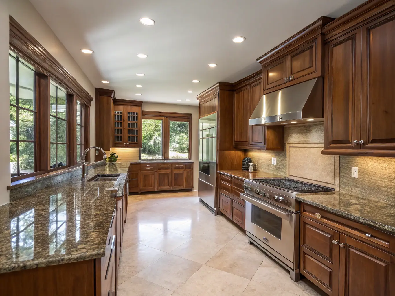 A high-quality photograph showcasing a recently completed modern kitchen renovation by R&R Construction, featuring stainless steel appliances, granite countertops, and custom cabinetry. The image should convey a sense of luxury and functionality.