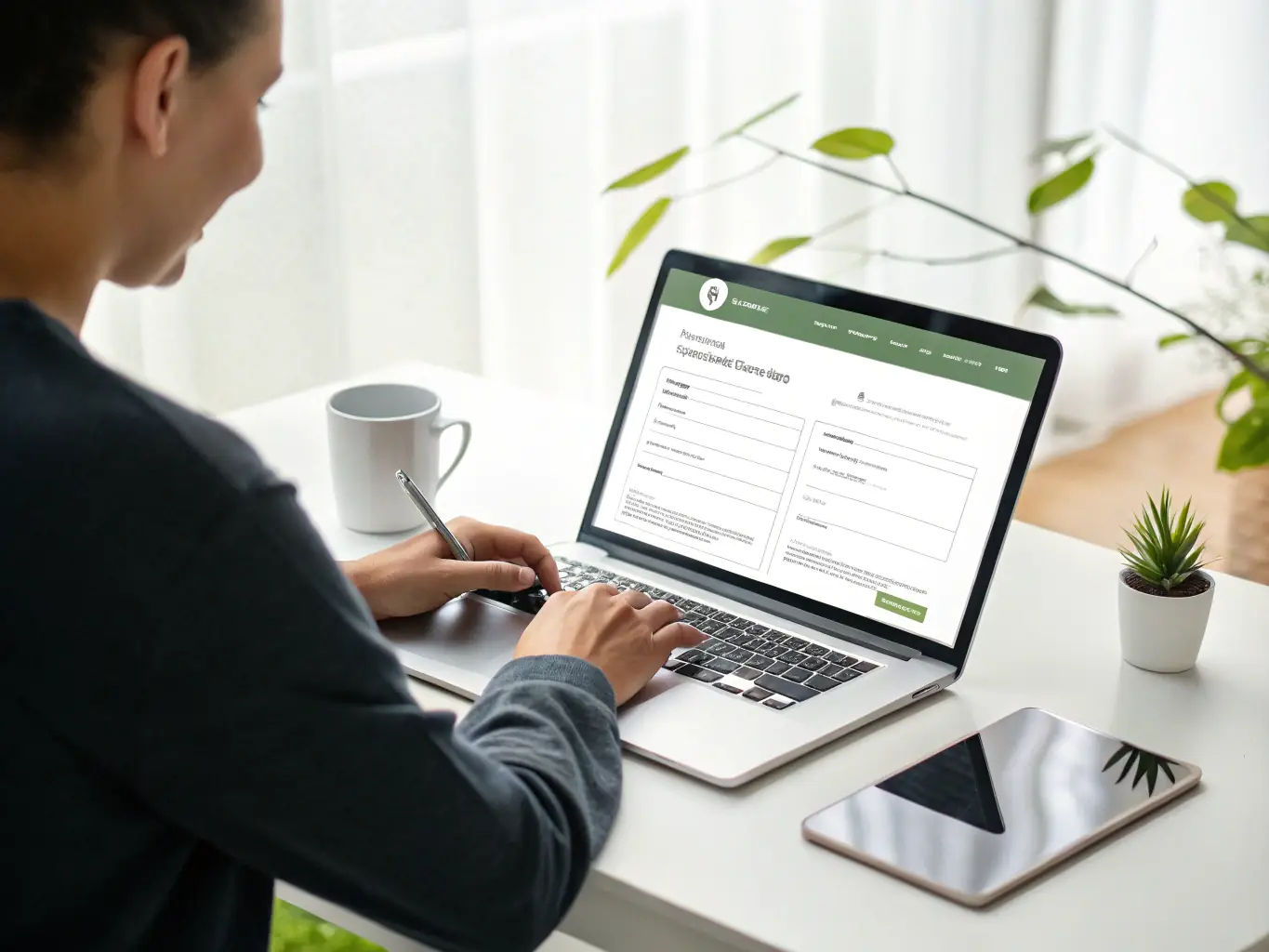 A person filling out a simple online form on a tablet, with fields for the referrer's information and the contact details of the person being referred to R&R Construction.