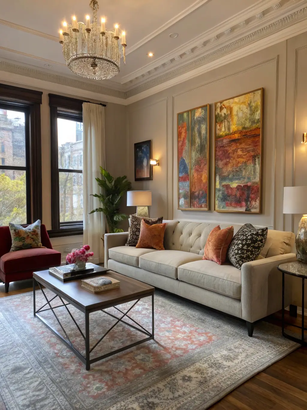 A renovated living room with new flooring, fresh paint, and updated furniture, showcasing R&R Construction's renovation services.