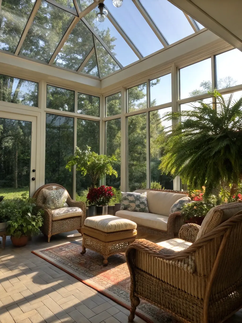 A home addition featuring a new sunroom with large windows and comfortable seating, representing R&R Construction's home addition services.
